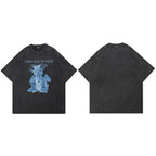 Retro Black Baby Dragon Cartoon Washed T-Shirt — fabric close-up