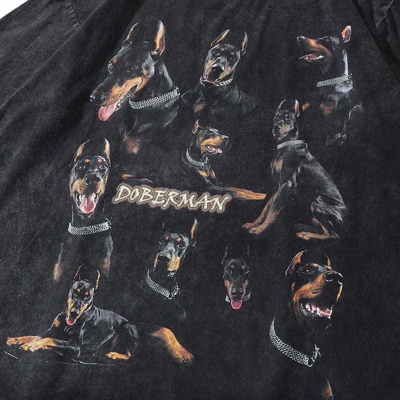 Black Doberman Dog Graphic Loose T-Shirt — detail shot