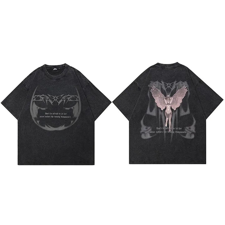 Retro Black Angel Wings Washed T-Shirt — side view