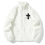 Black Cross Embroidered Fleece Oversized Coat — detail shot