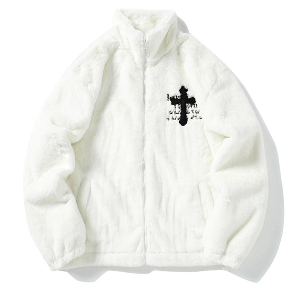 Black Cross Embroidered Fleece Oversized Coat — detail shot
