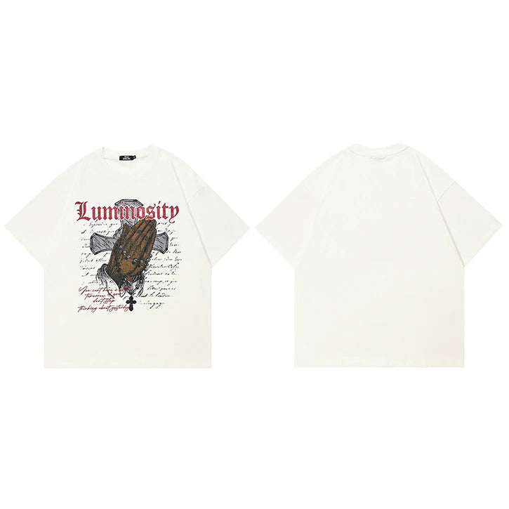 White Cross Hand Graphic T-Shirt — fabric close-up