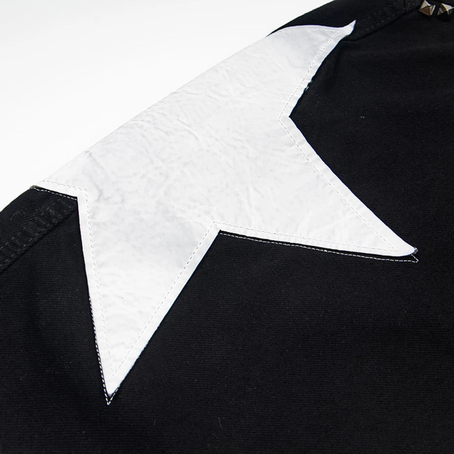 Punk Star Patchwork Denim Baggy Jeans — fabric close-up