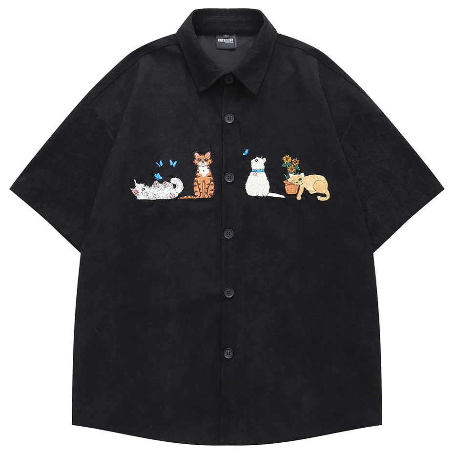Vintage Cat Embroidered Corduroy Loose Shirt — back view