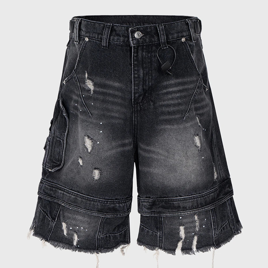 Vintage Blue Ripped Wide Leg Denim Shorts — back view
