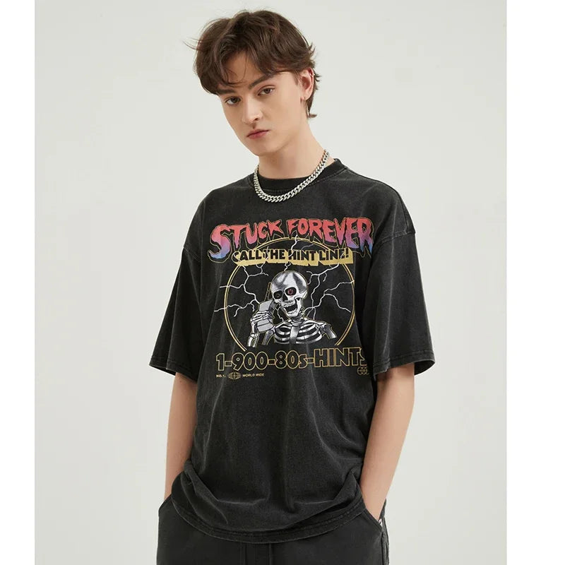 Washed Vintage Black Skull Graphic Oversized T-Shirt — detail shot