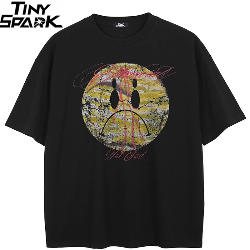 Black Graffiti Sad Face Faded T-Shirt — front view