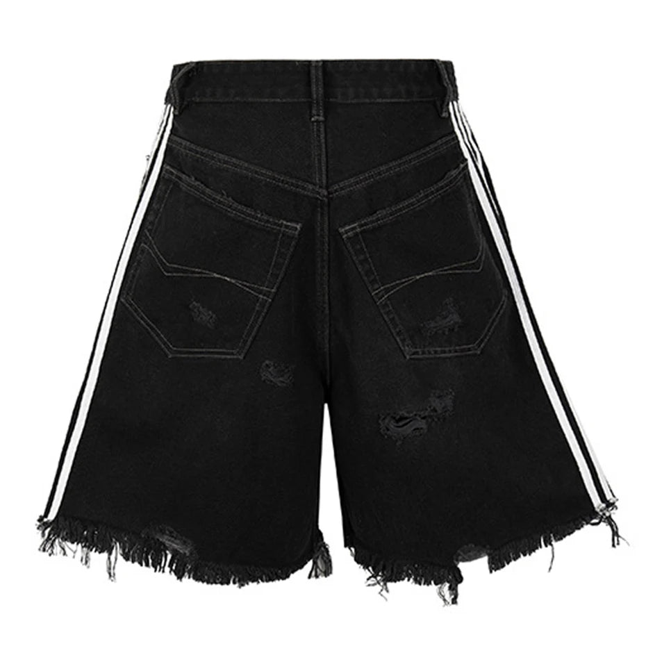Black Striped Ripped Loose Denim Shorts — front view