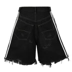 Black Striped Ripped Loose Denim Shorts — front view