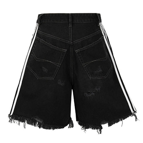 Black Striped Ripped Loose Denim Shorts — front view