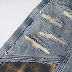 Vintage Blue Plaid Ripped Denim Shorts — fit shot