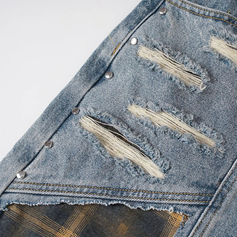Vintage Blue Plaid Ripped Denim Shorts — fit shot