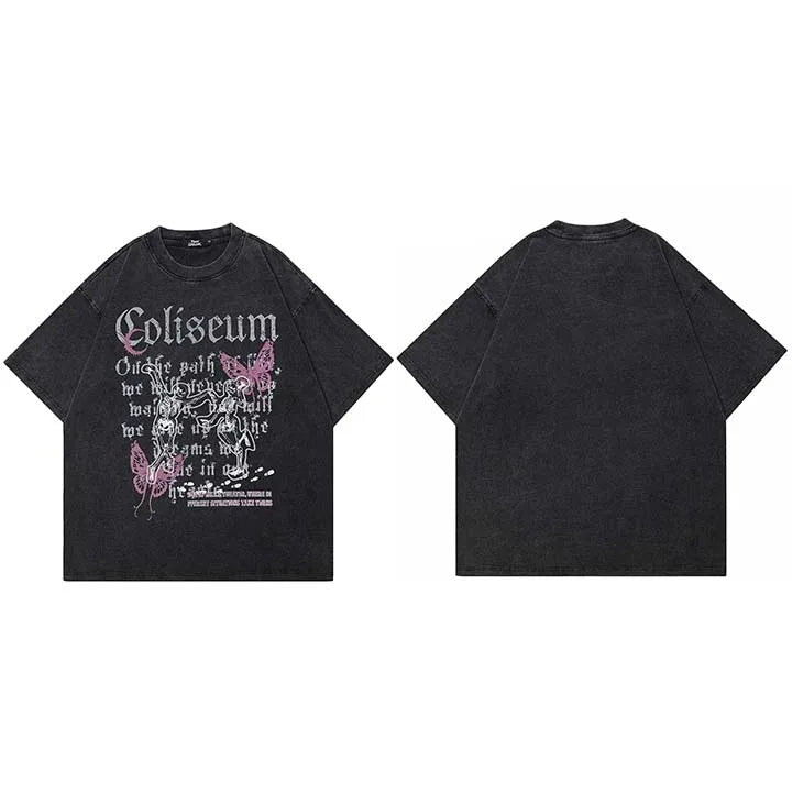 Y2K Black Dancing Skeleton Butterfly Washed T-Shirt — fabric close-up