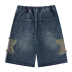 Retro Blue Star Spliced Loose Denim Shorts — front view