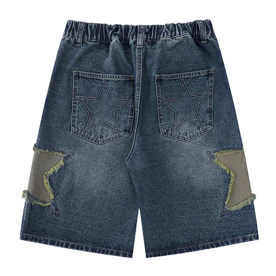 Retro Blue Star Spliced Loose Denim Shorts — front view