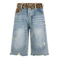 Vintage Leopard Patchwork Loose Denim Shorts — fabric close-up