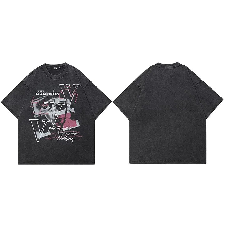 Eye Graffiti Vintage Washed Black T-Shirt — fabric close-up