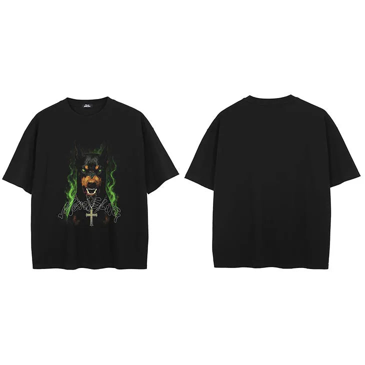 Print Black Doberman Dog Faded T-Shirt — fabric close-up