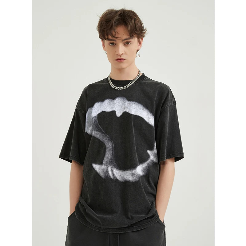 Washed Retro Black Graphic Oversized T-Shirt — detail shot