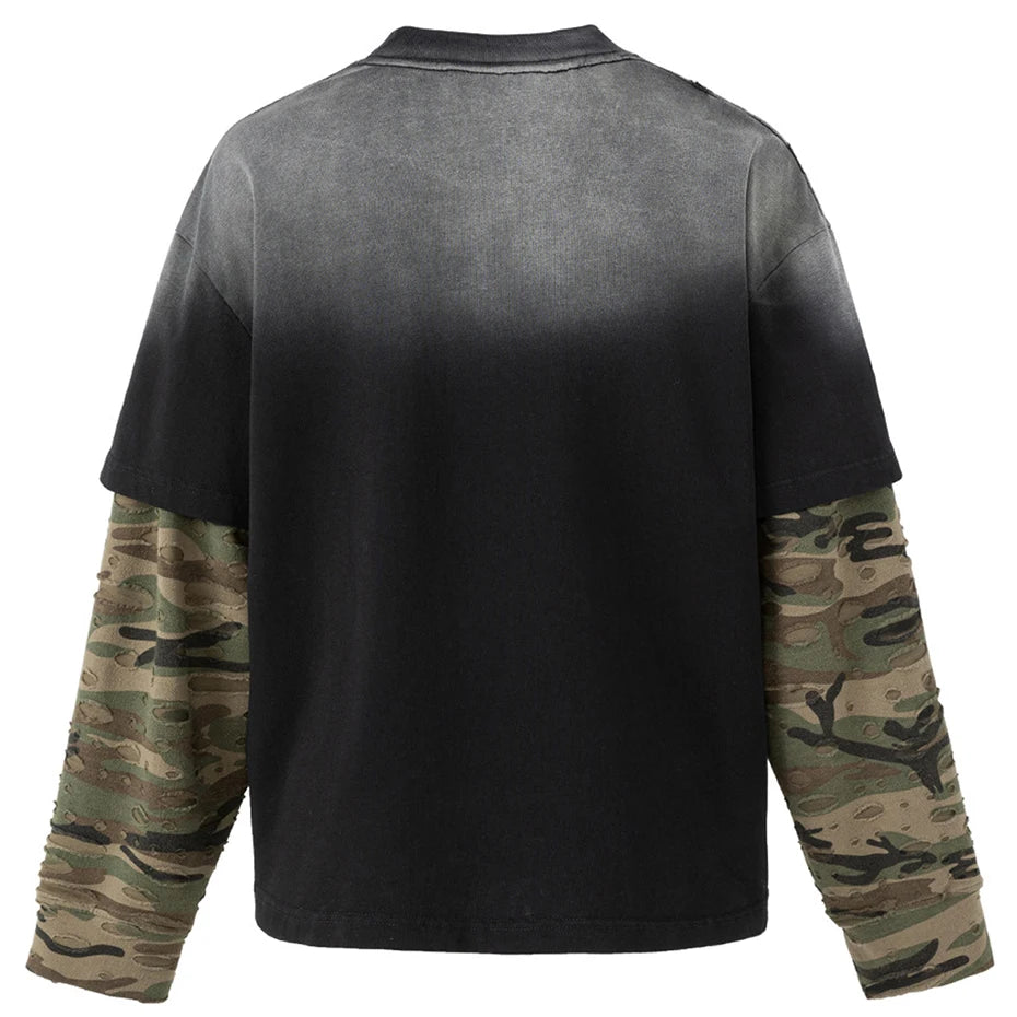 Shirts Vintage Camouflage Patchwork Oversized Long Sleeve Tee — front view
