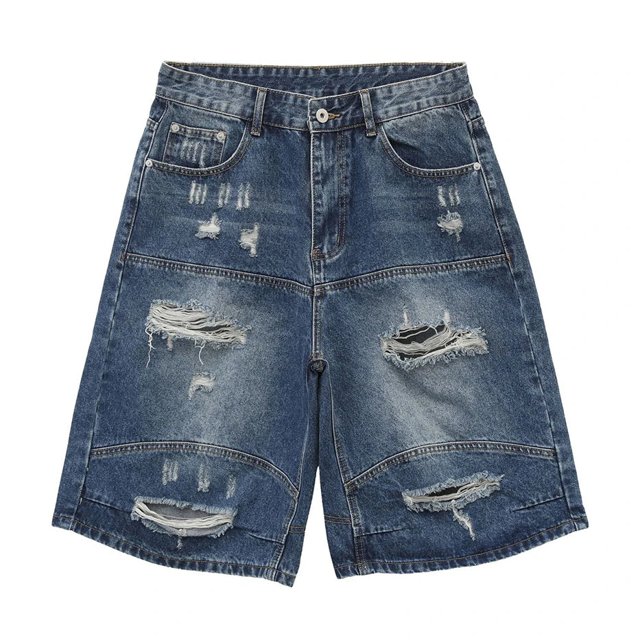 Jeans Vintage Blue Ripped Loose Denim Shorts — fabric close-up