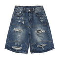 Jeans Vintage Blue Ripped Loose Denim Shorts — fabric close-up