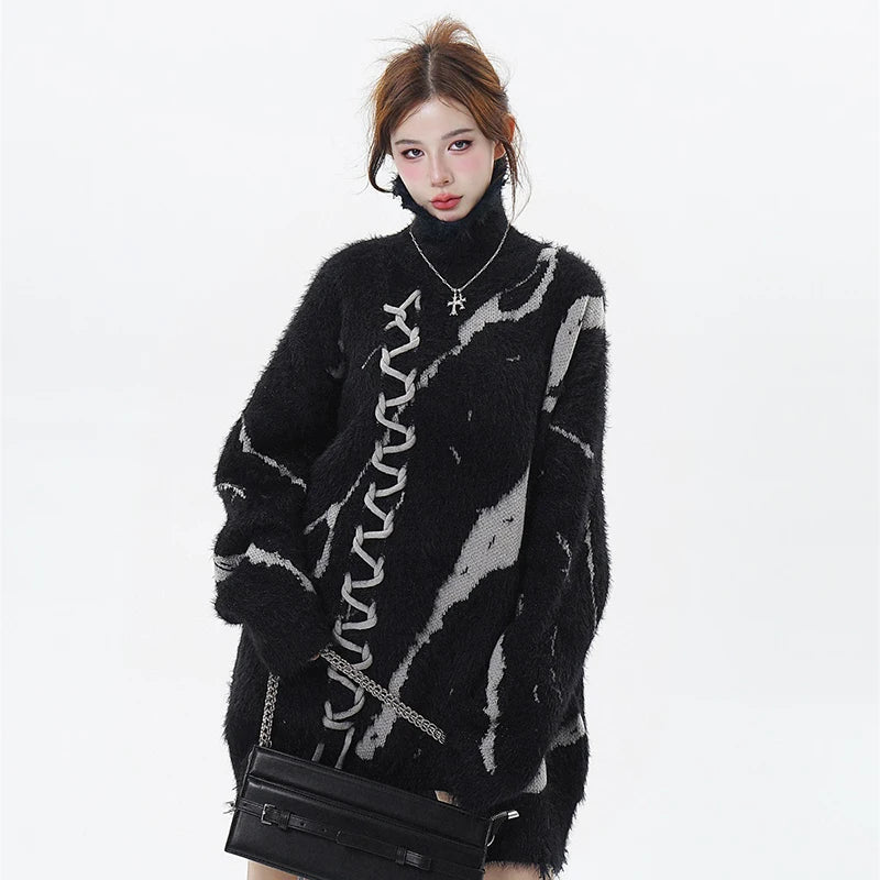 Retro Black Distressed Knit Sweater — back view