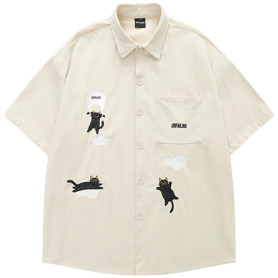 Vintage Cat Graphic Corduroy Loose Shirt — styling shot