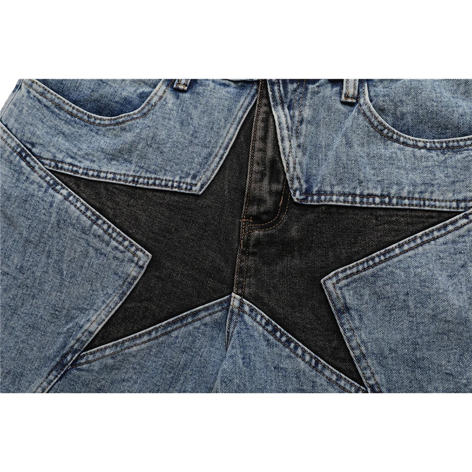 Blue Patchwork Oversized Denim Shorts — fabric close-up