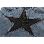 Blue Patchwork Oversized Denim Shorts — fabric close-up