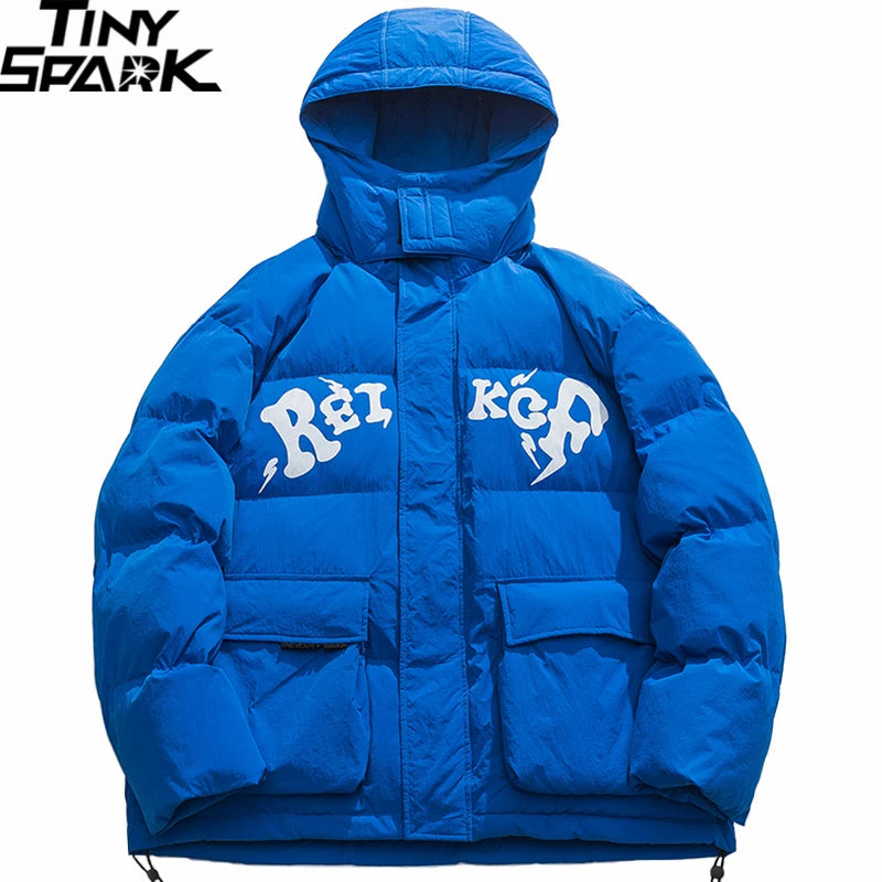 Blue Letter Hooded Puffer Jacket — front view