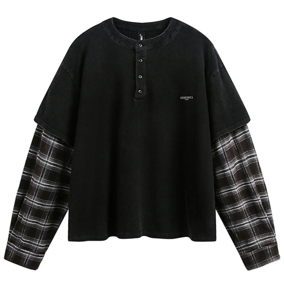 Vintage Plaid Patchwork Oversized Long Sleeve Tee — detail shot