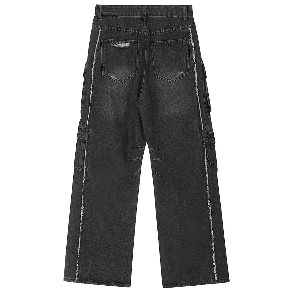 Black Patchwork Denim Baggy Jeans — front view