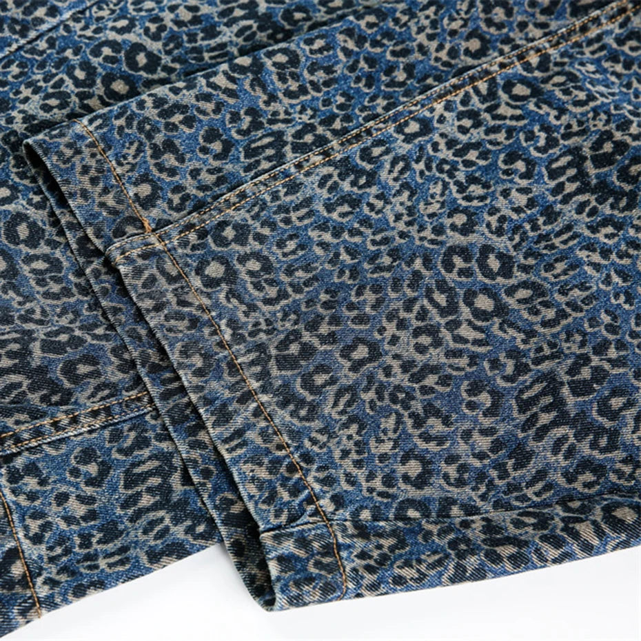 Loose Vintage Leopard Denim Baggy Jeans — fabric close-up