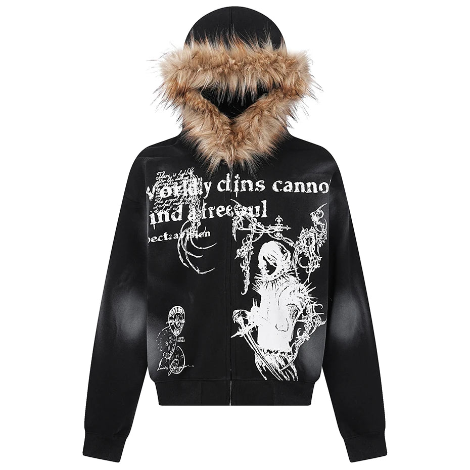 Y2K Hooded Fur Oversized Jacket — back view