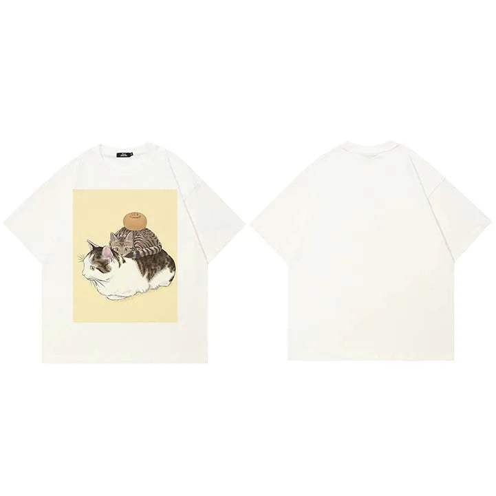 Y2K Beige Cats Cartoon Graphic T-Shirt — side view