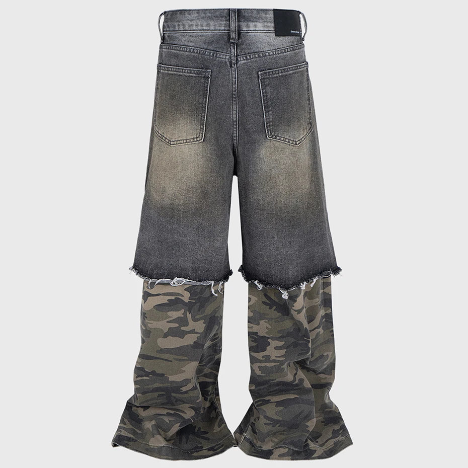 Vintage Camouflage Patchwork Denim Baggy Jeans — front view