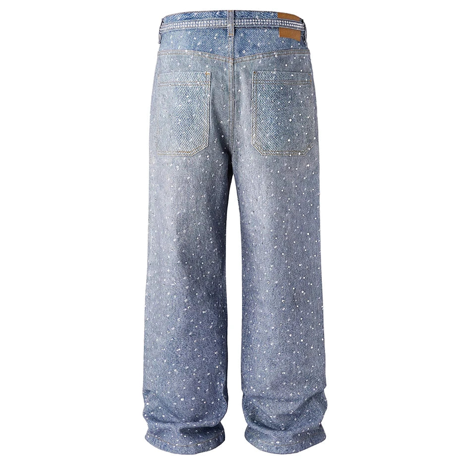 Vintage Blue Rhinestone Denim Baggy Jeans — front view