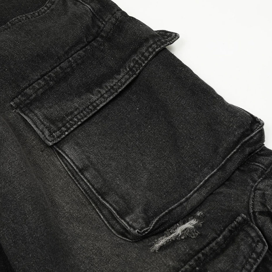 Black Patchwork Denim Baggy Jeans — fabric close-up