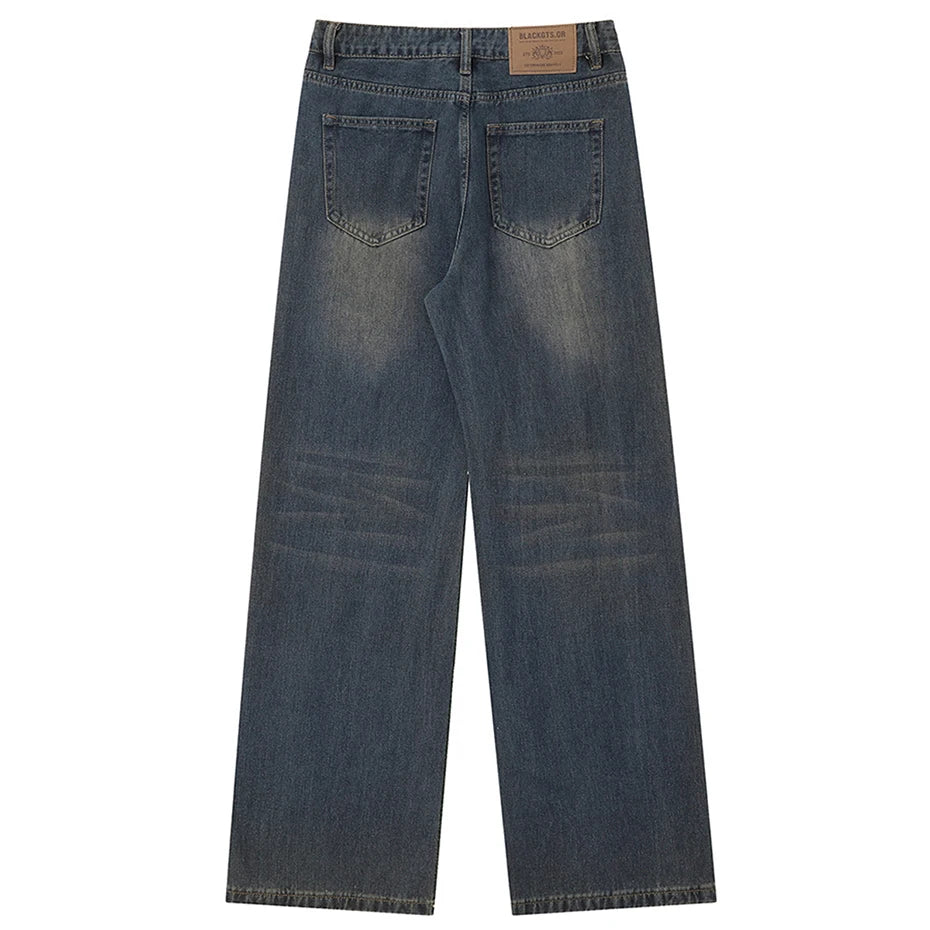 Y2K Blue Spider Print Denim Baggy Jeans — fabric close-up
