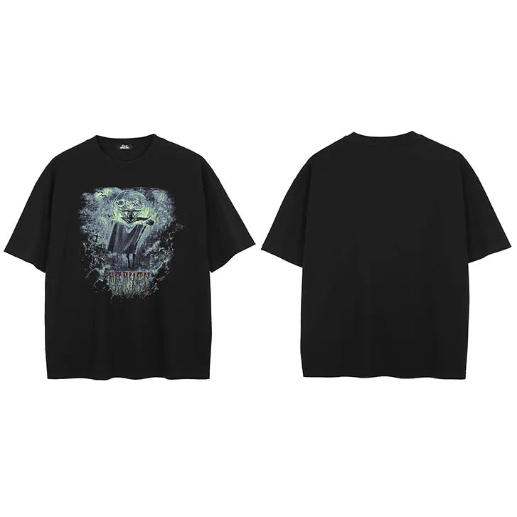 Goth Black Scary Cartoon Faded T-Shirt — side view