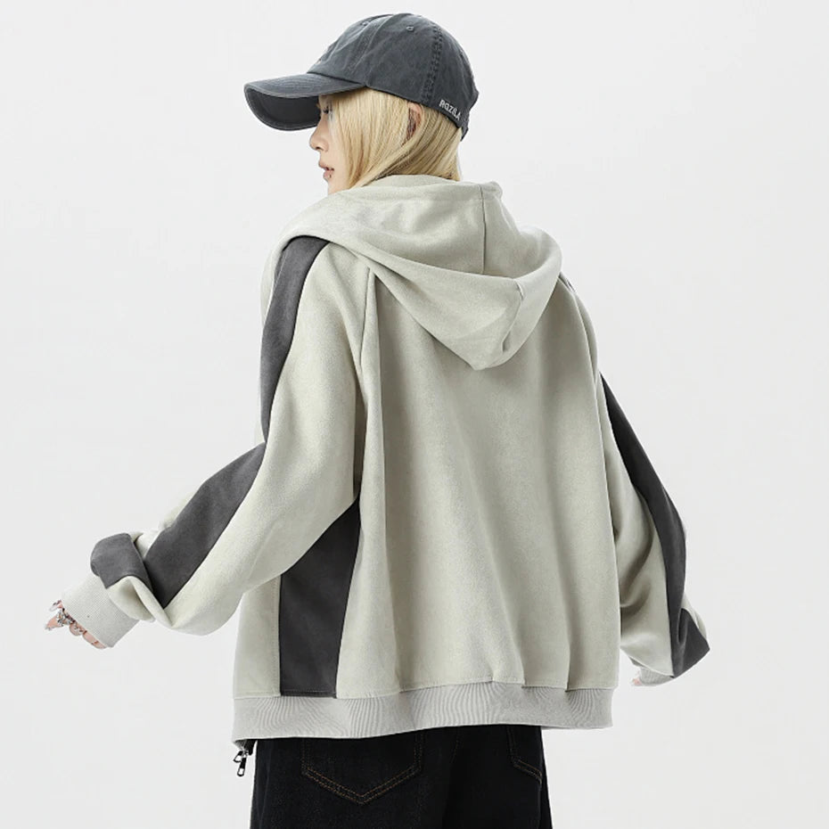 Vintage Color Block Suede Oversized Hoodie — fabric close-up