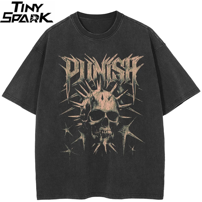 Punk Black Thorny Skull Faded T-Shirt — front view