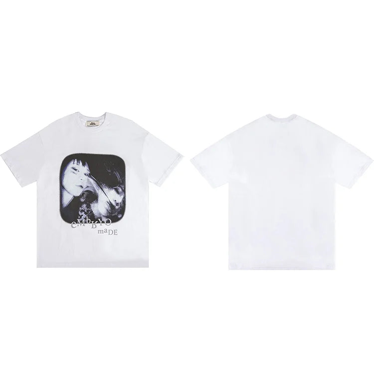 Black Illusion Girl Letter Print T-Shirt — fabric close-up