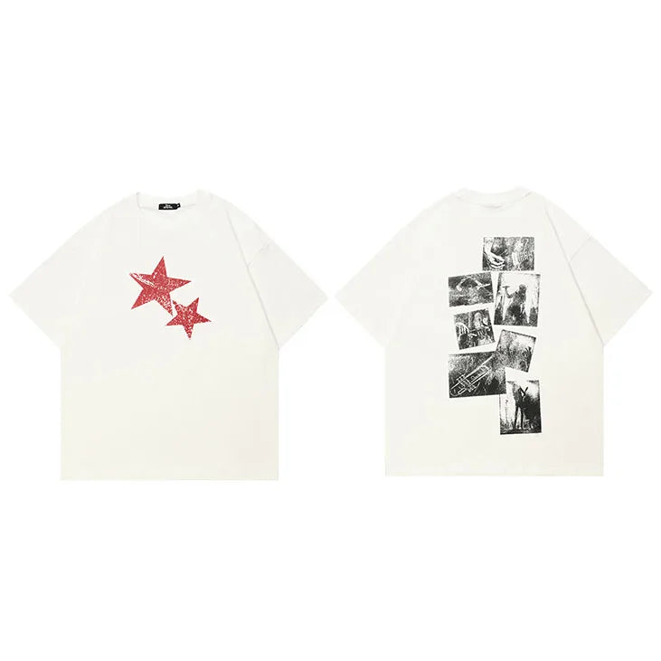 Star Vintage White Graphic T-Shirt — fabric close-up