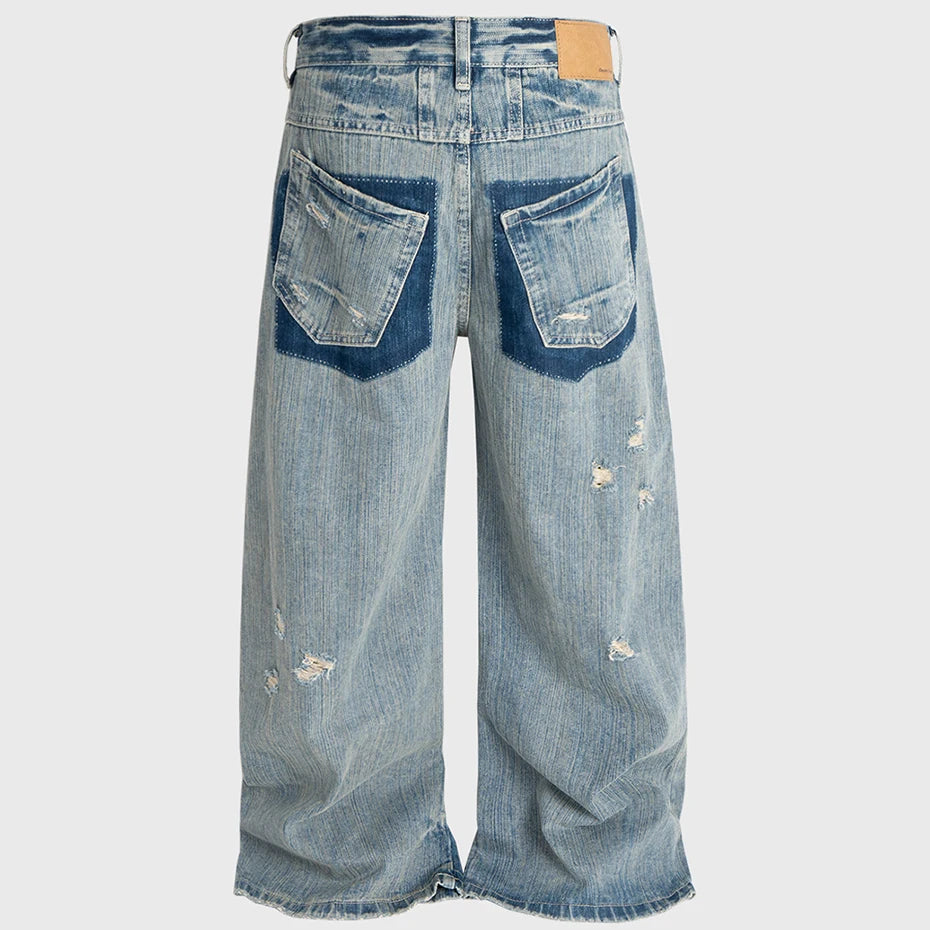Vintage Blue Ripped Denim Baggy Jeans — front view