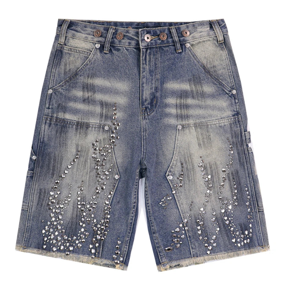 Vintage Fire Rhinestone Graphic Denim Shorts — styling shot