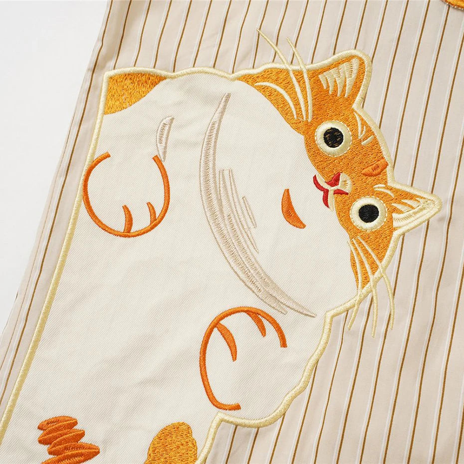 Shirts Vintage Cat Embroidered Oversized Shirt — fit shot