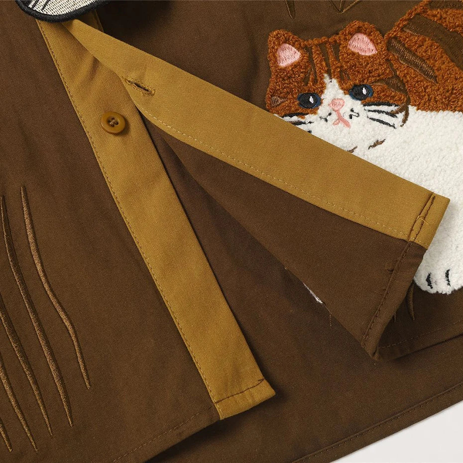 Color Block Vintage Cat Graphic Oversized Shirt — fabric close-up