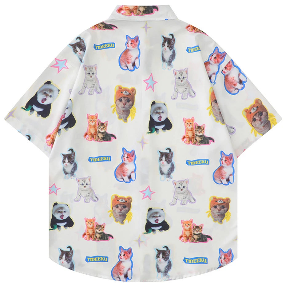 Funny Y2K Cat Graphic Loose Shirt — front view